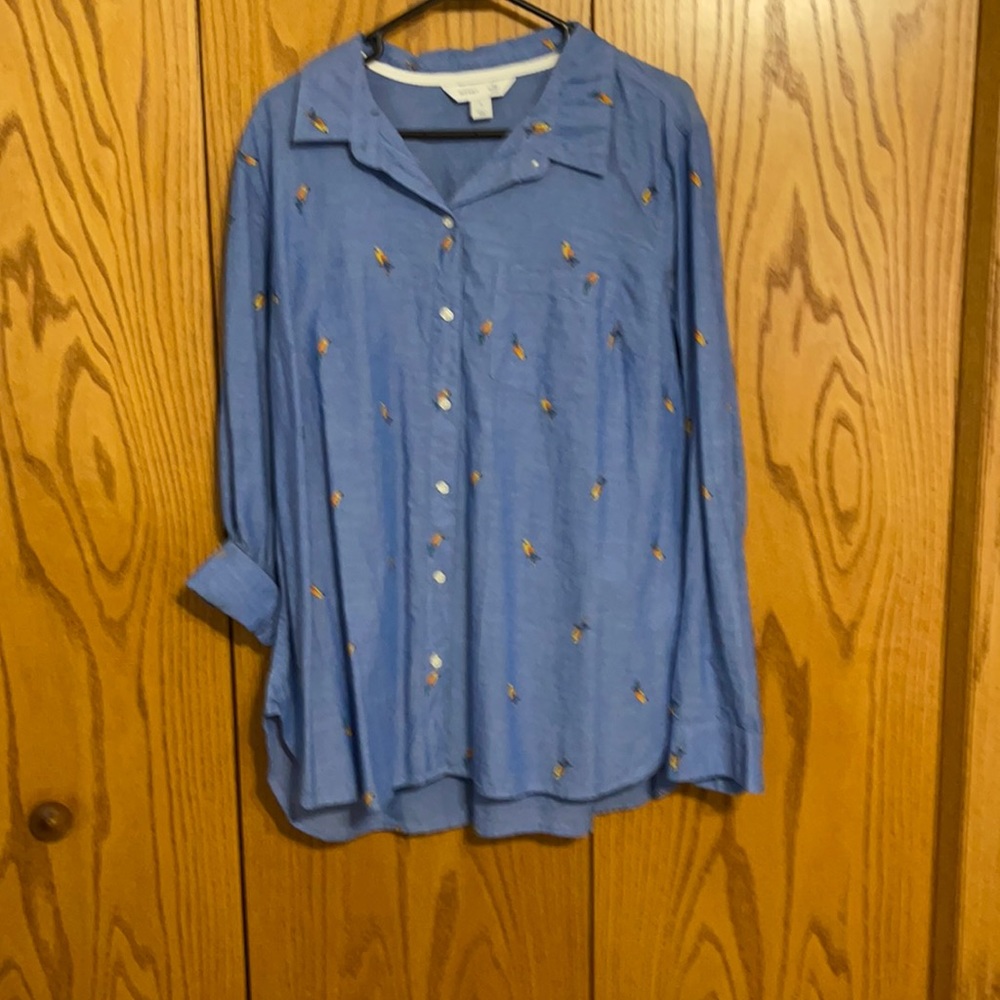 Denim button up with parrots